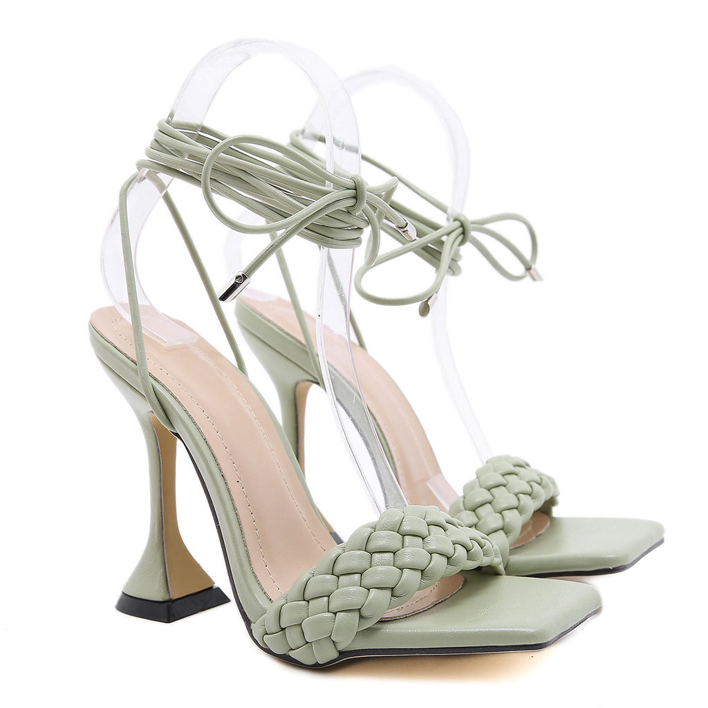 Olivia - Chic Braided Strap Square Toe Unique High Heel Sandals