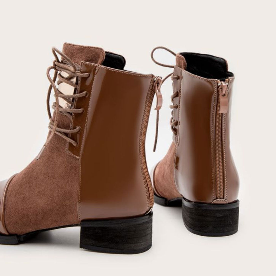 Anny - Contrast Panel Metal Trim Lace Up Faux Leather Ankle Boots