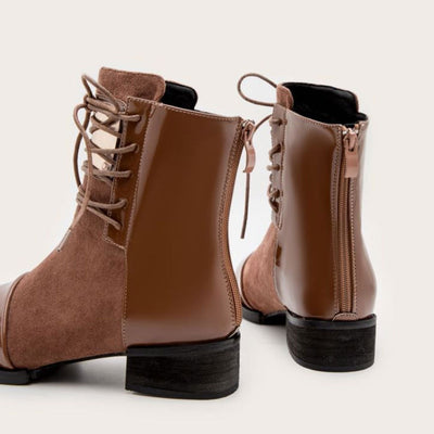 Anny - Contrast Panel Metal Trim Lace Up Faux Leather Ankle Boots