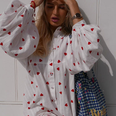 Charis - Striped Heart Print High-Neck Maxi Shirt Dress