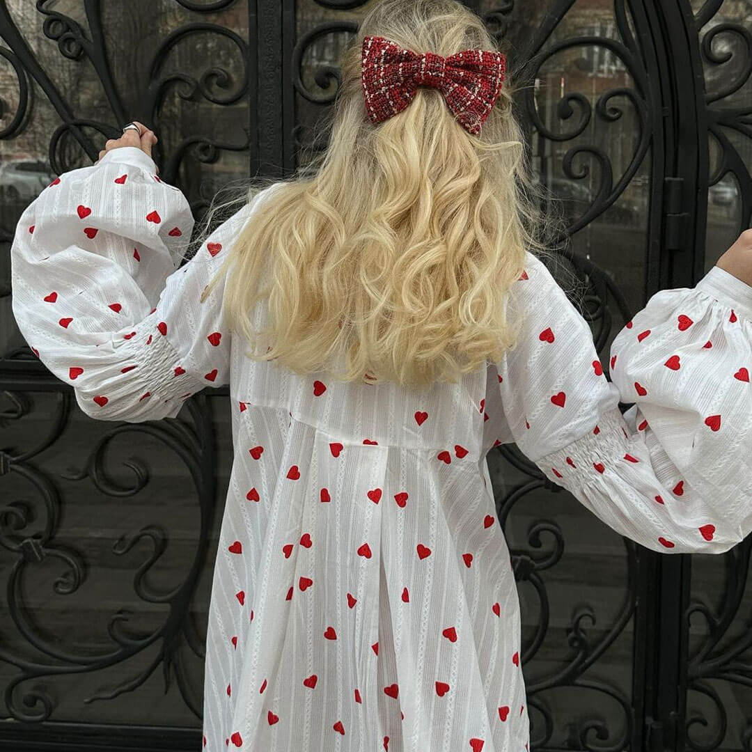 Charis - Striped Heart Print High-Neck Maxi Shirt Dress