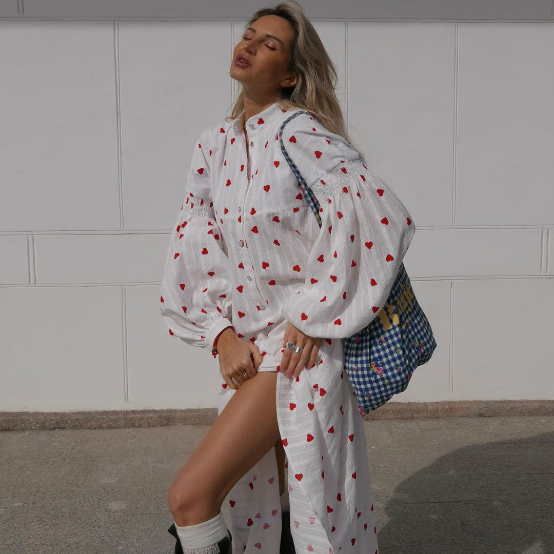 Charis - Striped Heart Print High-Neck Maxi Shirt Dress