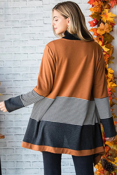 Cardigan - Women - Colorblock Open Front with Striped Hem - Brown Mix - Renée