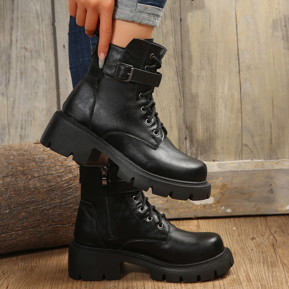 Ada - Woman combat boots half wool with thick heel