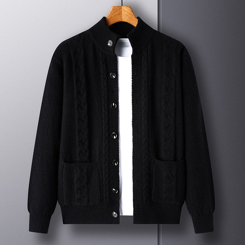 Cardigan - Men - Textured Knit with Cable Detail and Button Closure - Elias