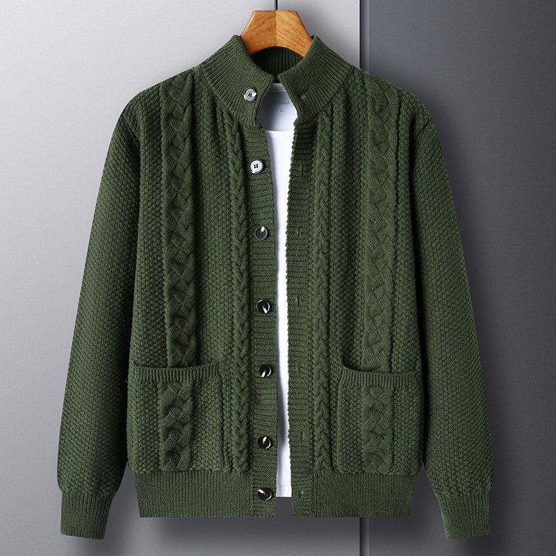 Cardigan - Men - Textured Knit with Cable Detail and Button Closure - Elias
