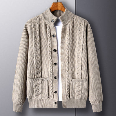Cardigan - Men - Textured Knit with Cable Detail and Button Closure - Elias