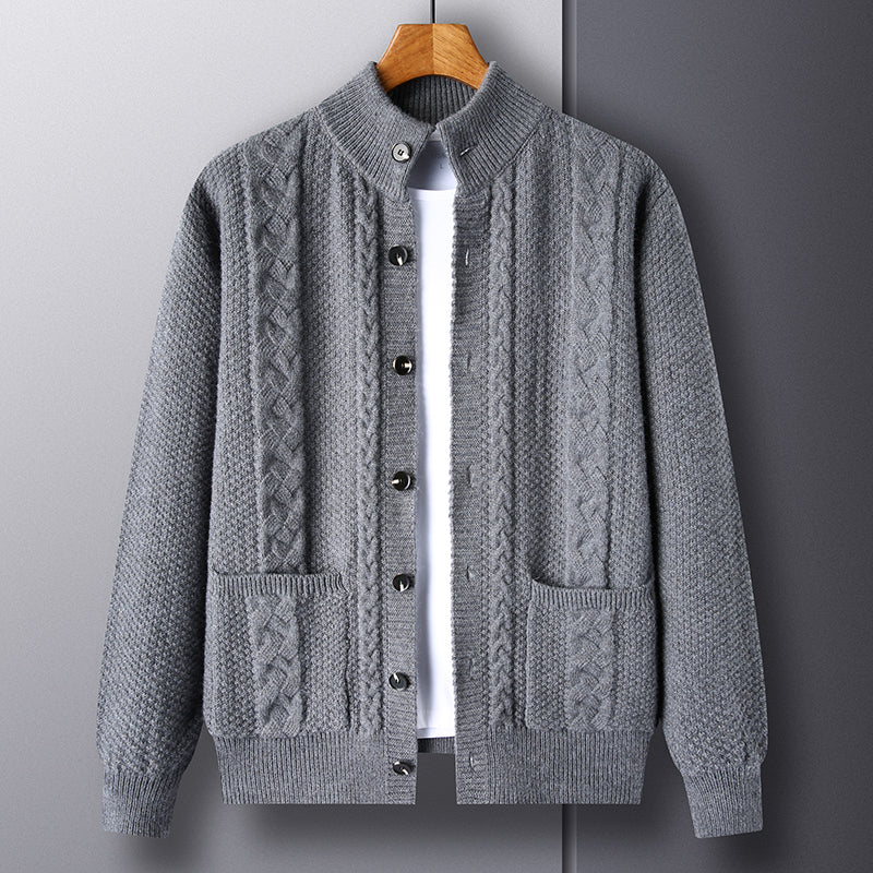 Cardigan - Men - Textured Knit with Cable Detail and Button Closure - Elias