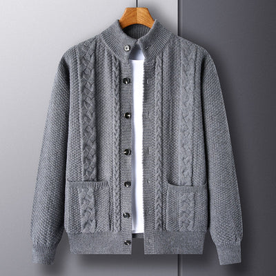 Cardigan - Men - Textured Knit with Cable Detail and Button Closure - Elias