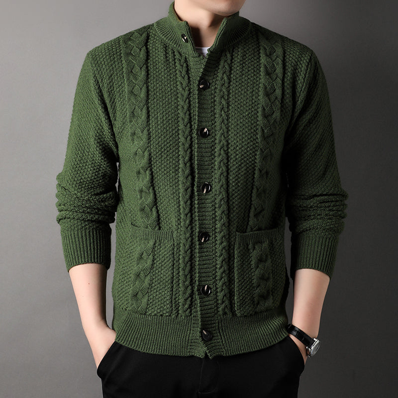 Cardigan - Men - Textured Knit with Cable Detail and Button Closure - Elias
