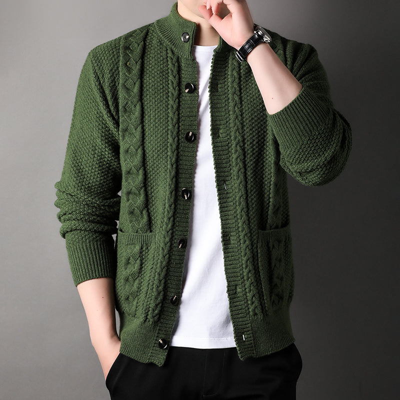 Cardigan - Men - Textured Knit with Cable Detail and Button Closure - Elias