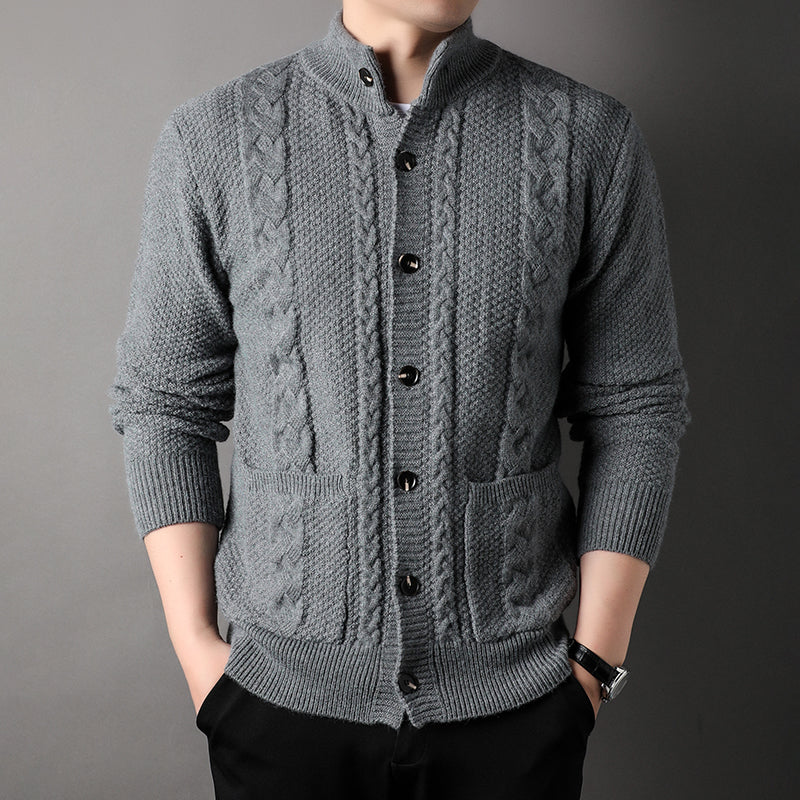Cardigan - Men - Textured Knit with Cable Detail and Button Closure - Elias