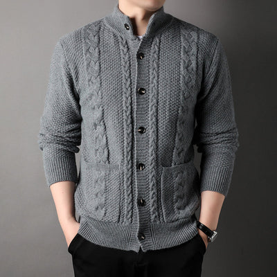 Cardigan - Men - Textured Knit with Cable Detail and Button Closure - Elias