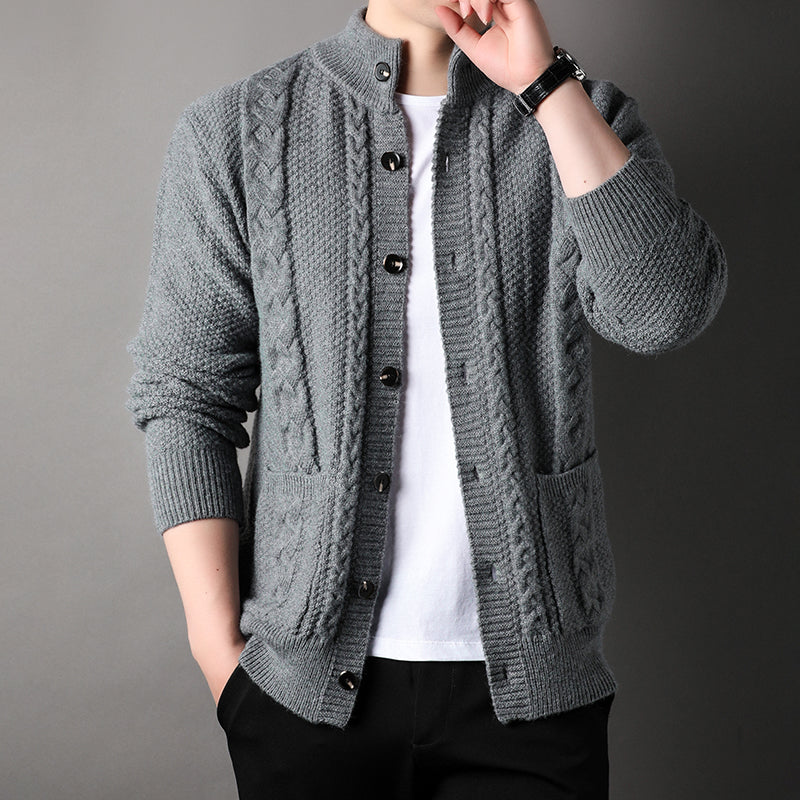Cardigan - Men - Textured Knit with Cable Detail and Button Closure - Elias