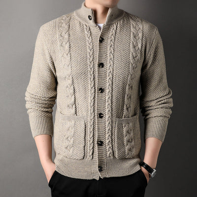 Cardigan - Men - Textured Knit with Cable Detail and Button Closure - Elias