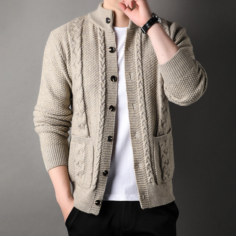 Cardigan - Men - Textured Knit with Cable Detail and Button Closure - Elias