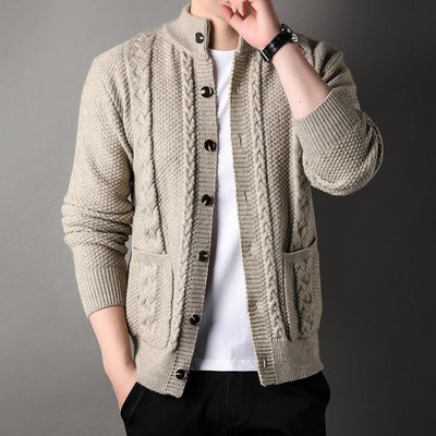 Cardigan - Men - Textured Knit with Cable Detail and Button Closure - Elias