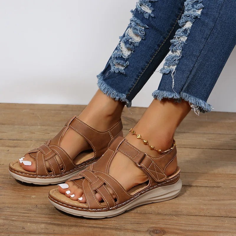 Brown casual crossover wedge women's sandals - Eliane