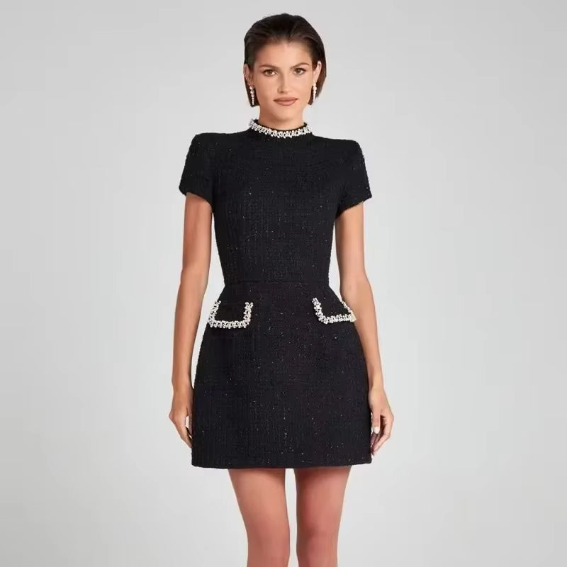 Women's short tweed dress with retro white pearls - Clarisse