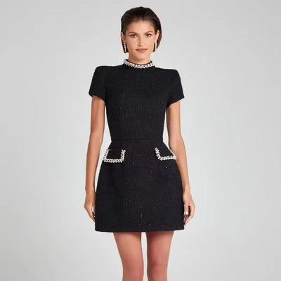 Women's short tweed dress with retro white pearls - Clarisse