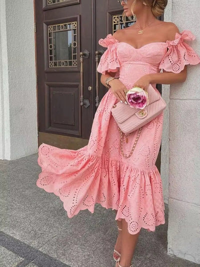 Off-the-shoulder midi dress with romantic pink lace - Eloïse