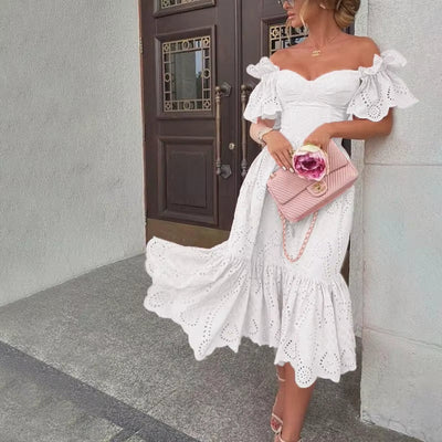 Off-the-shoulder midi dress with romantic pink lace - Eloïse