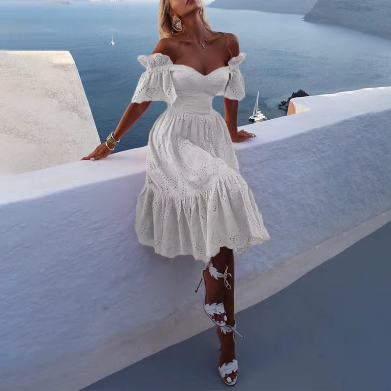 Off-the-shoulder midi dress with romantic pink lace - Eloïse