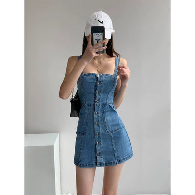 Women's short denim dress with casual style straps - Lía
