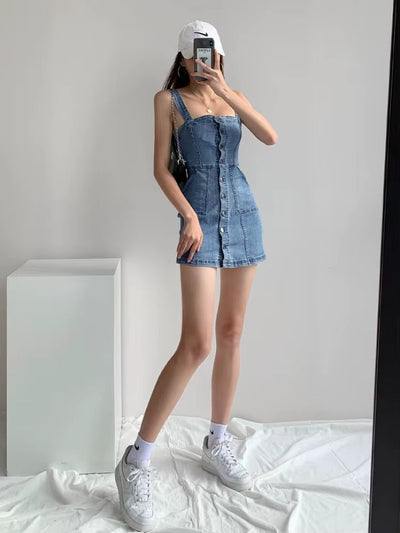 Women's short denim dress with casual style straps - Lía