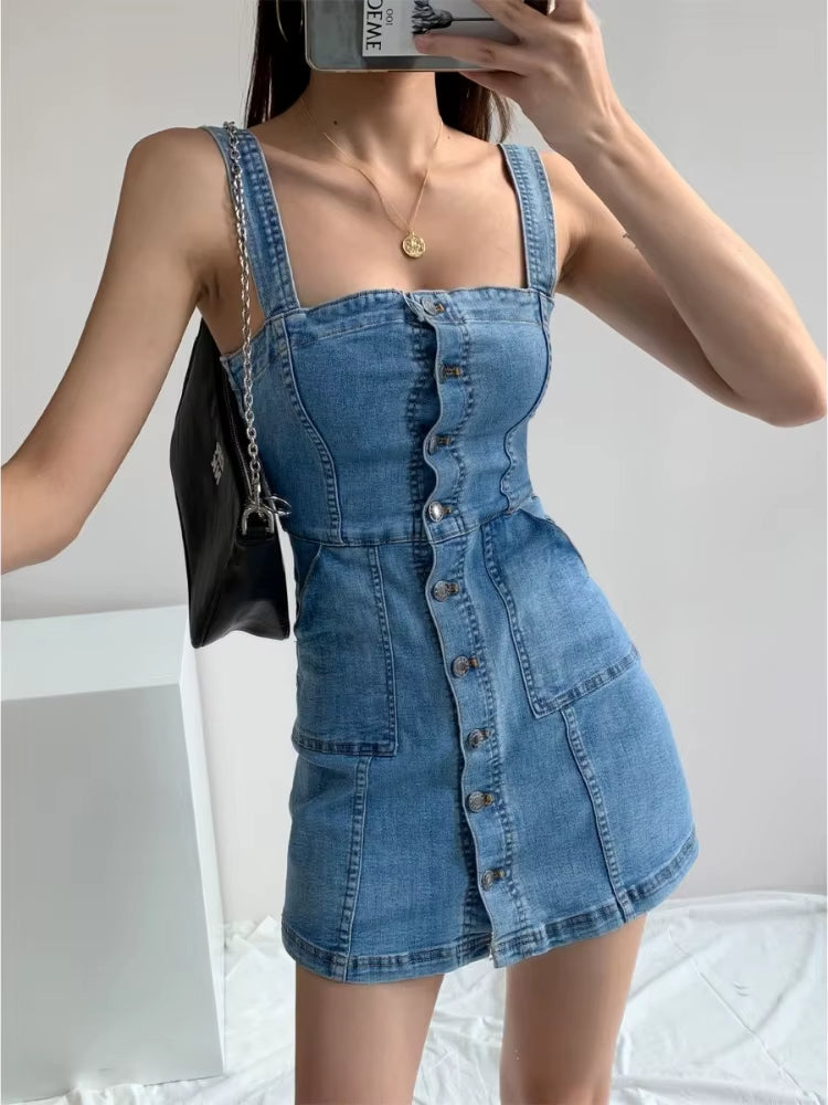 Women's short denim dress with casual style straps - Lía