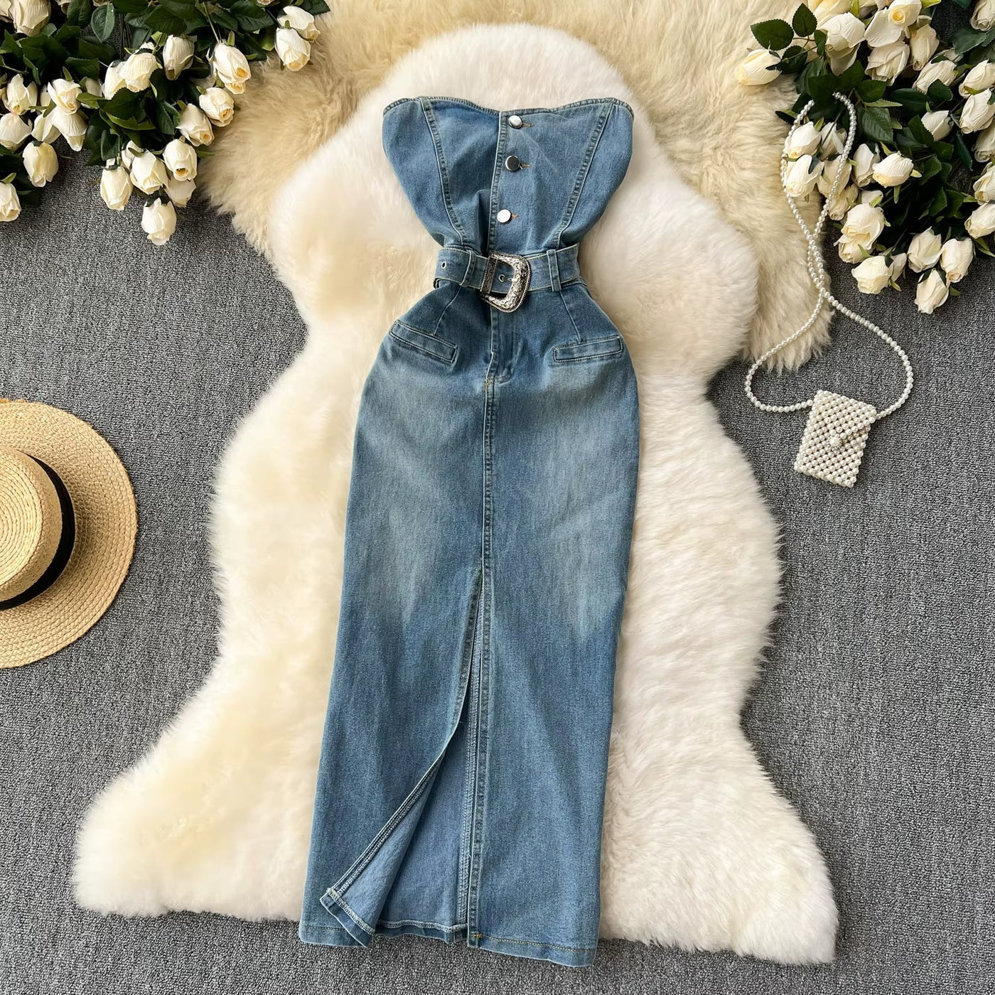 Women's denim strapless dress with western style belt - Dakota