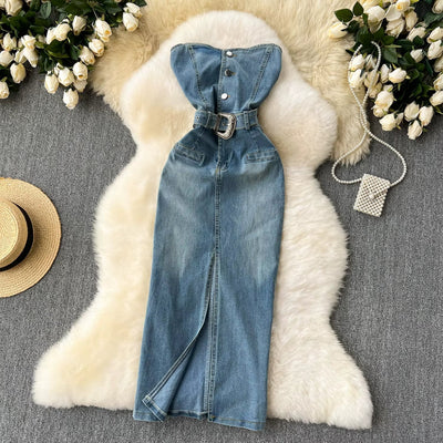 Women's denim strapless dress with western style belt - Dakota