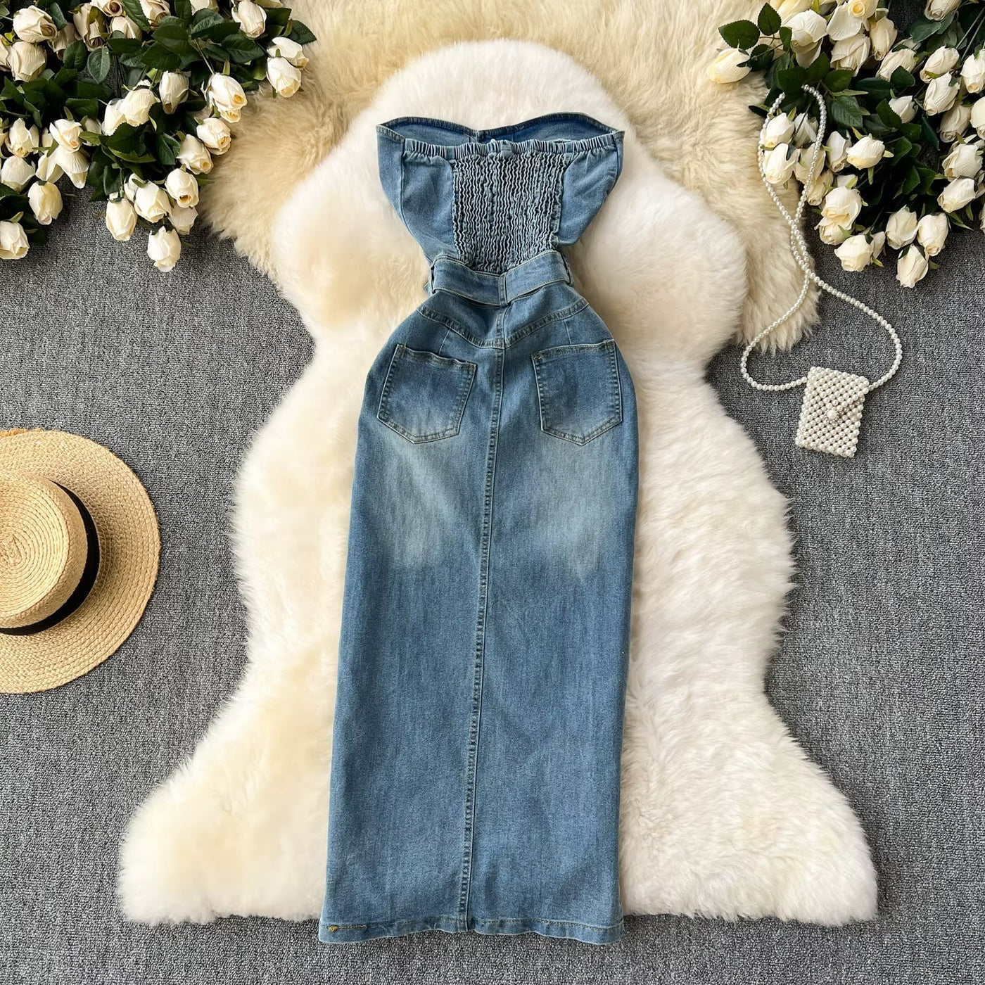 Women's denim strapless dress with western style belt - Dakota