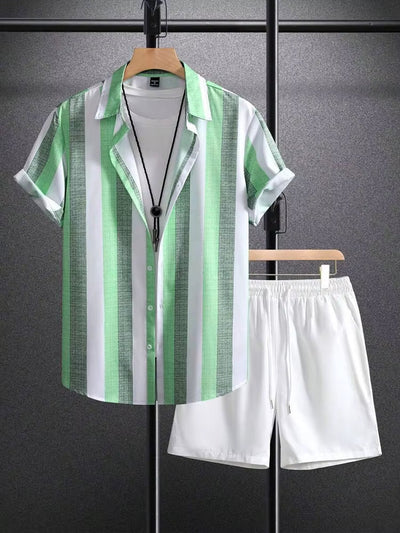 Men's summer set striped shirt, casual white shorts - Elio