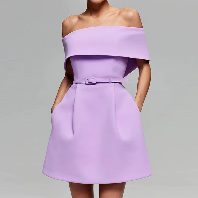 Women's short dress with pleated bardot neckline lilac elegant - Liora