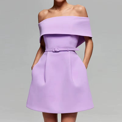 Women's short dress with pleated bardot neckline lilac elegant - Liora