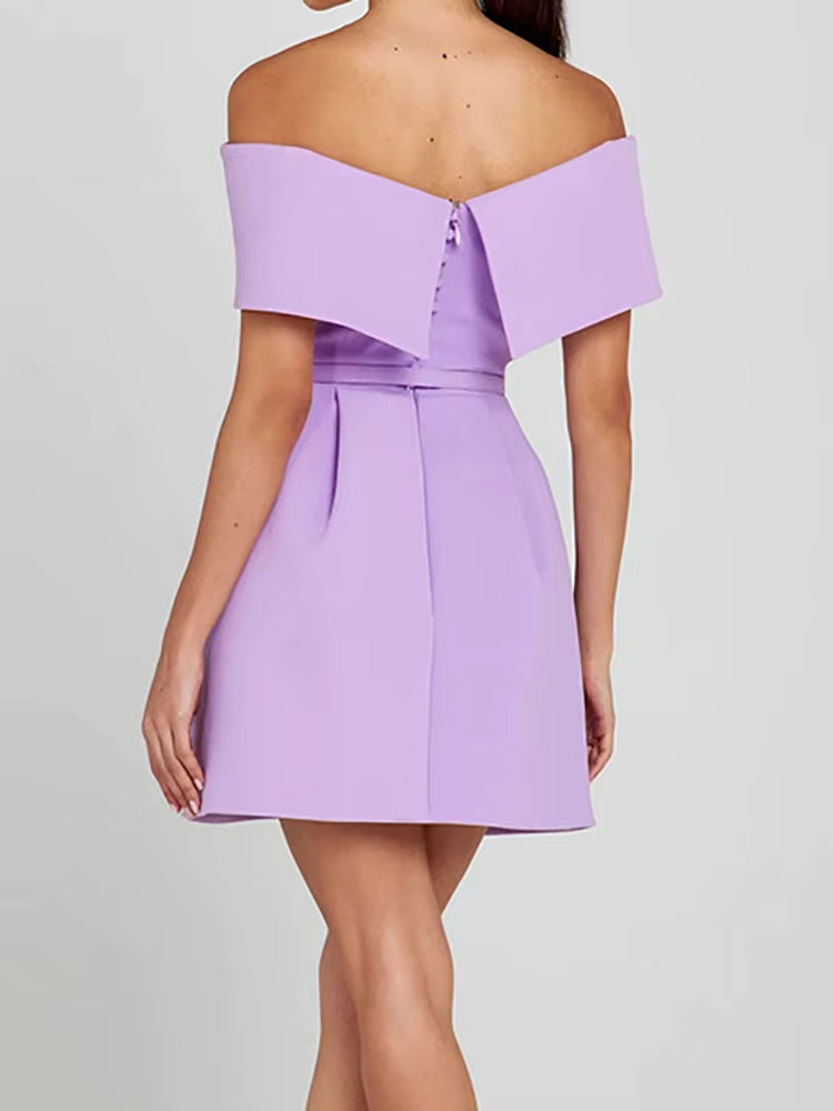 Women's short dress with pleated bardot neckline lilac elegant - Liora