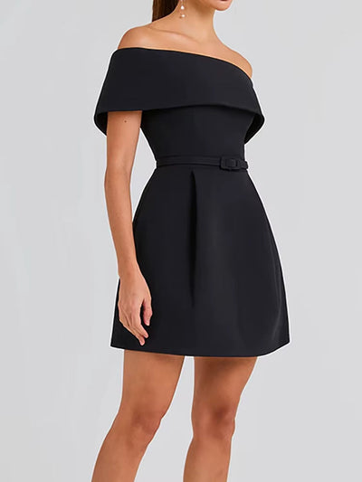 Women's short dress with pleated bardot neckline lilac elegant - Liora