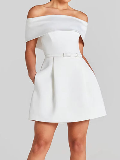 Women's short dress with pleated bardot neckline lilac elegant - Liora