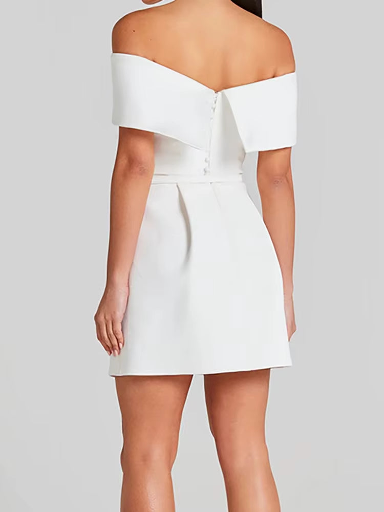 Women's short dress with pleated bardot neckline lilac elegant - Liora