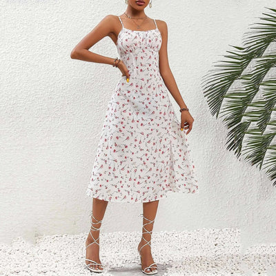 Women's midi dress with polka dot straps and slit - Fiorella