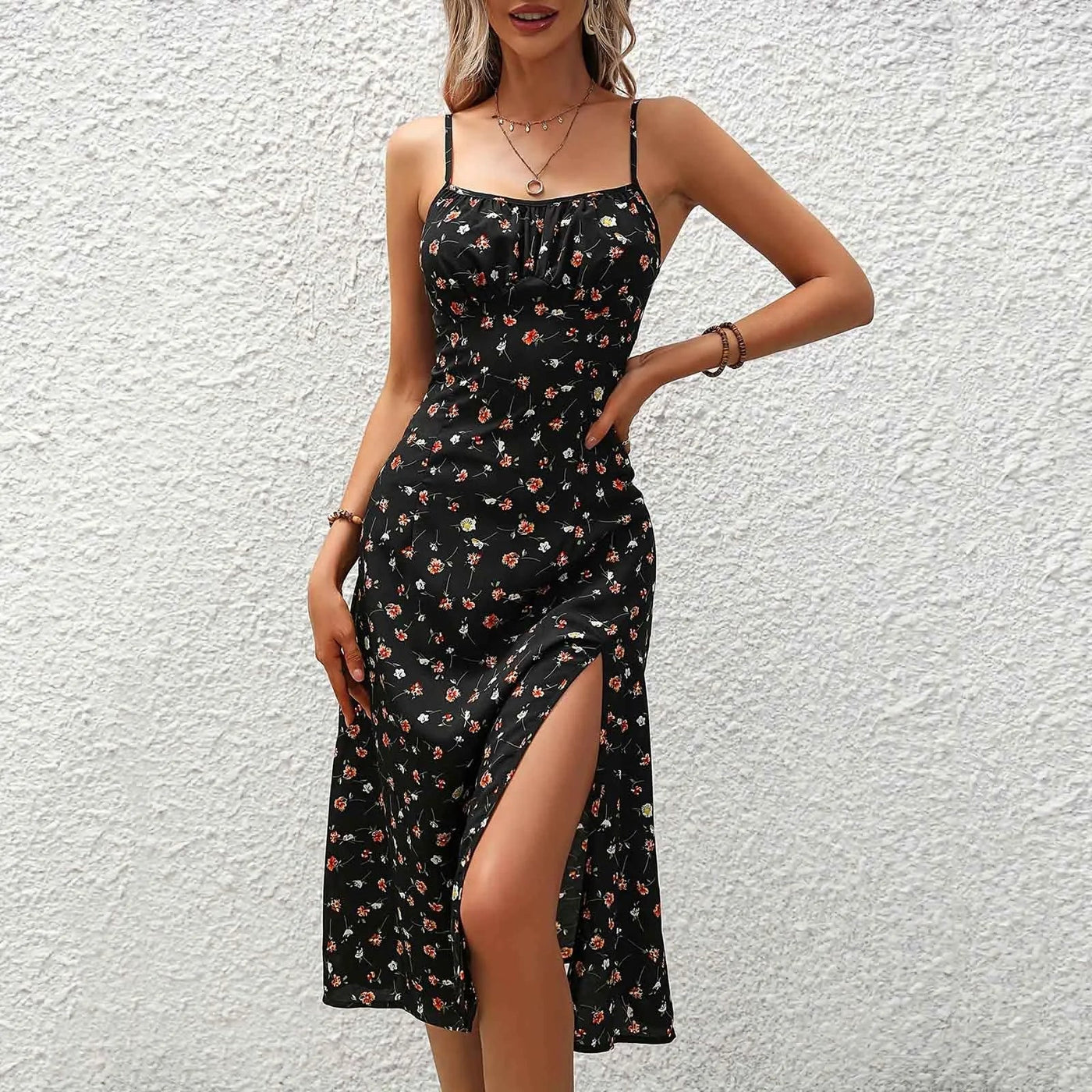Women's midi dress with polka dot straps and slit - Fiorella