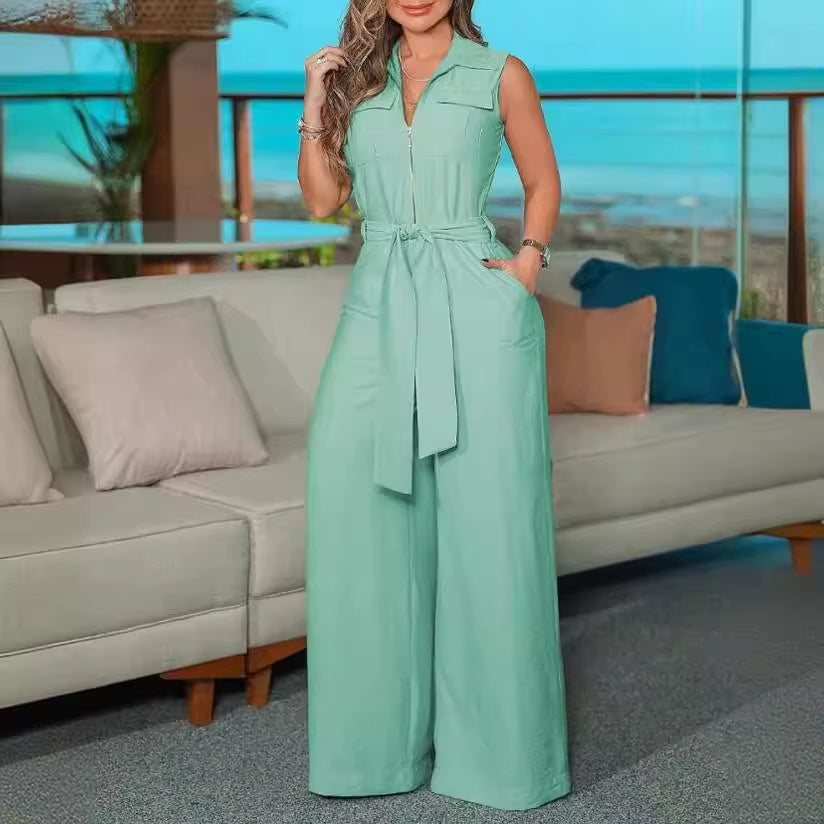 Sleeveless women's mint green jumpsuit with belt - Valeria