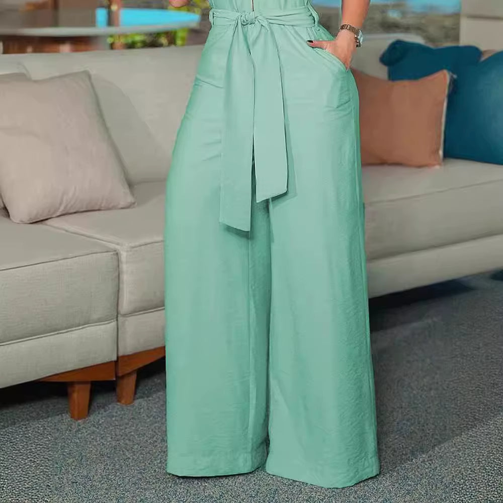 Sleeveless women's mint green jumpsuit with belt - Valeria