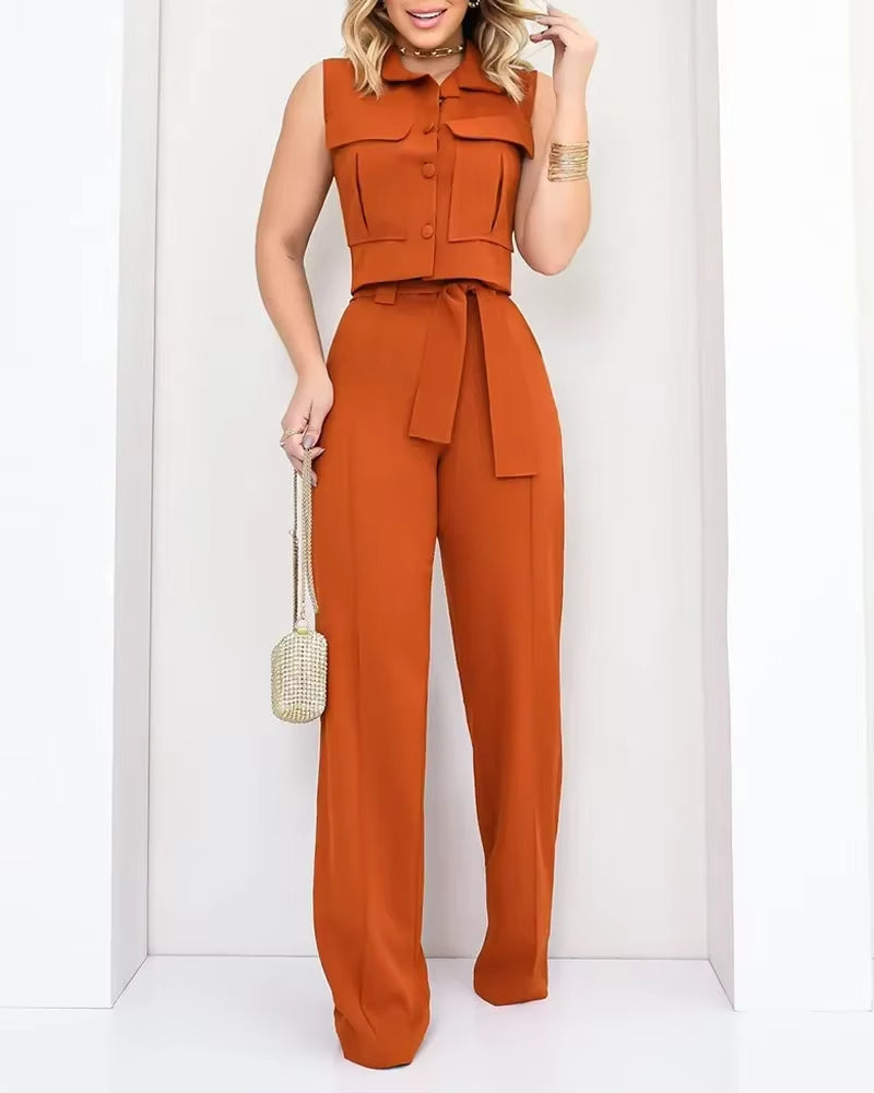 Women's sleeveless button-down top and wide leg trousers set - Isadora