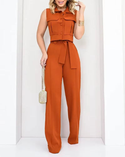 Women's sleeveless button-down top and wide leg trousers set - Isadora