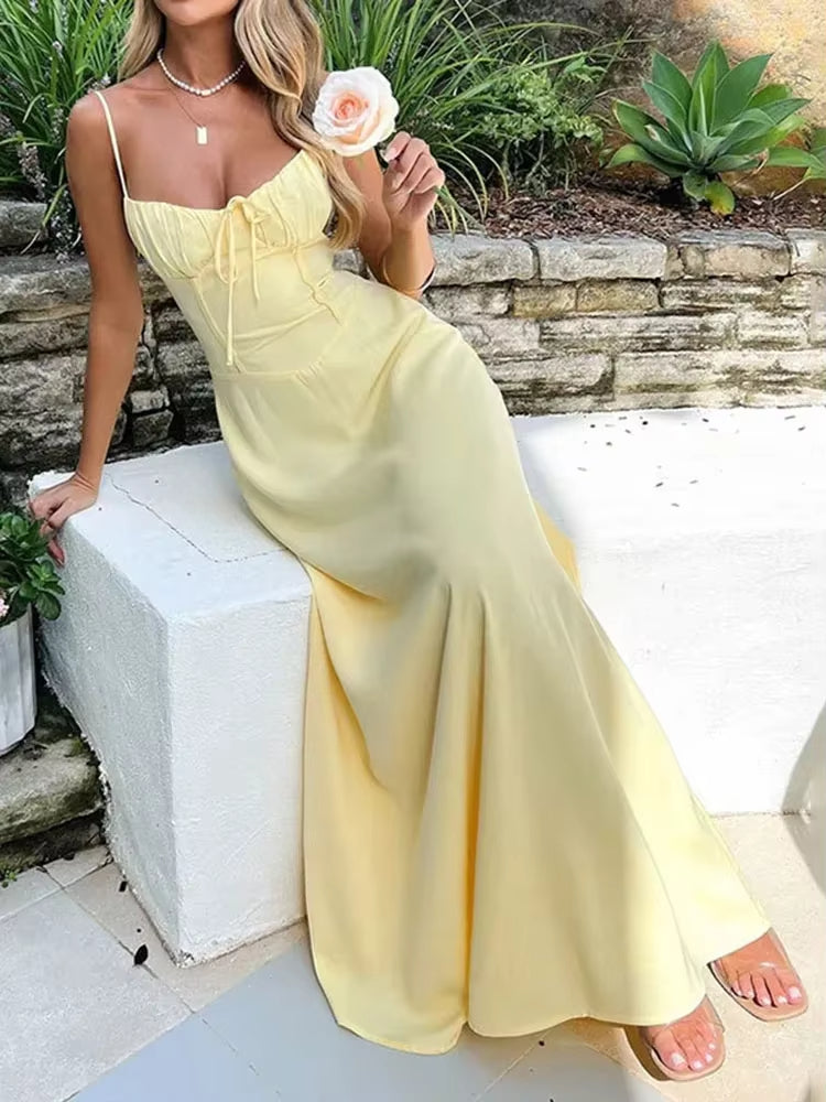 Women's long dress with sweetheart neckline and thin straps - Liora