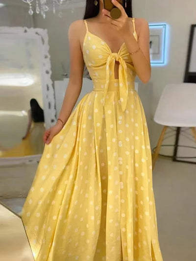Women's V-neck long dress with bow and polka dots - Olivia