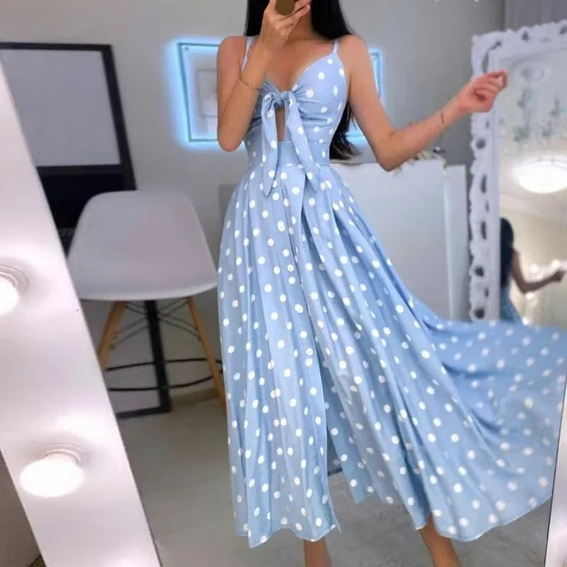 Women's V-neck long dress with bow and polka dots - Olivia