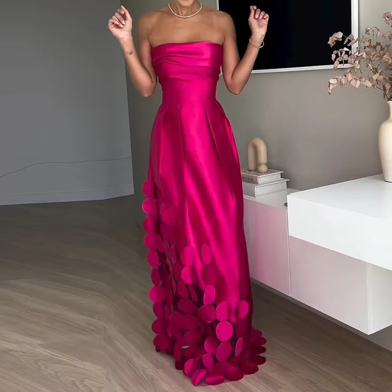 Strapless satin strapless long dress with openwork details - Valentina